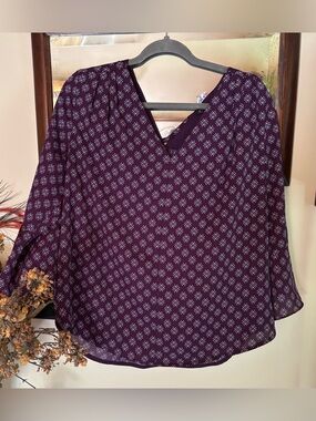 41Hawthorn Plum Purple Geometric Print Blouse Slit Bell Sleeve Back Tie Sz XL